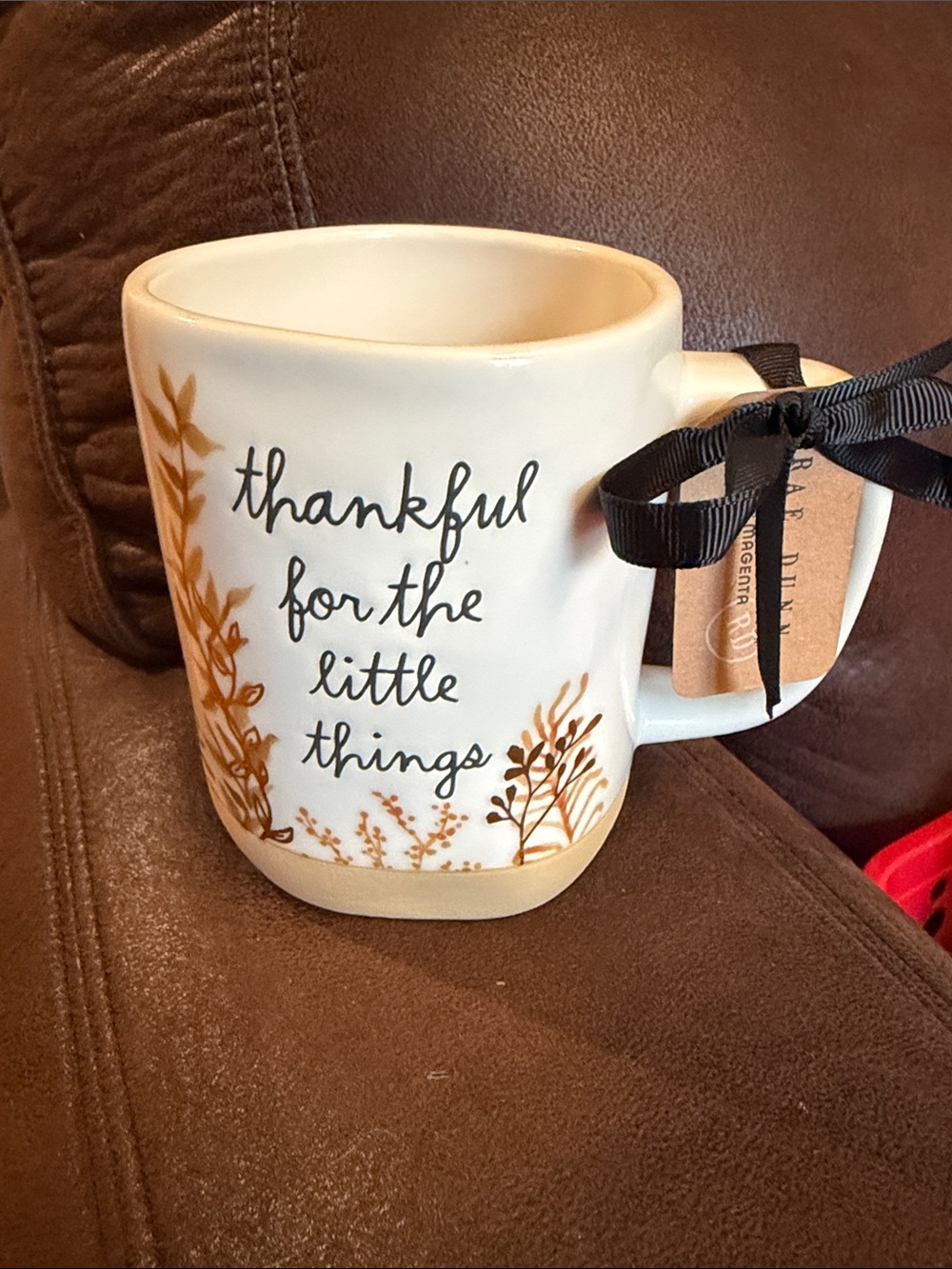 Rae Dunn White Ceramic Mug with Brown Botanical Script